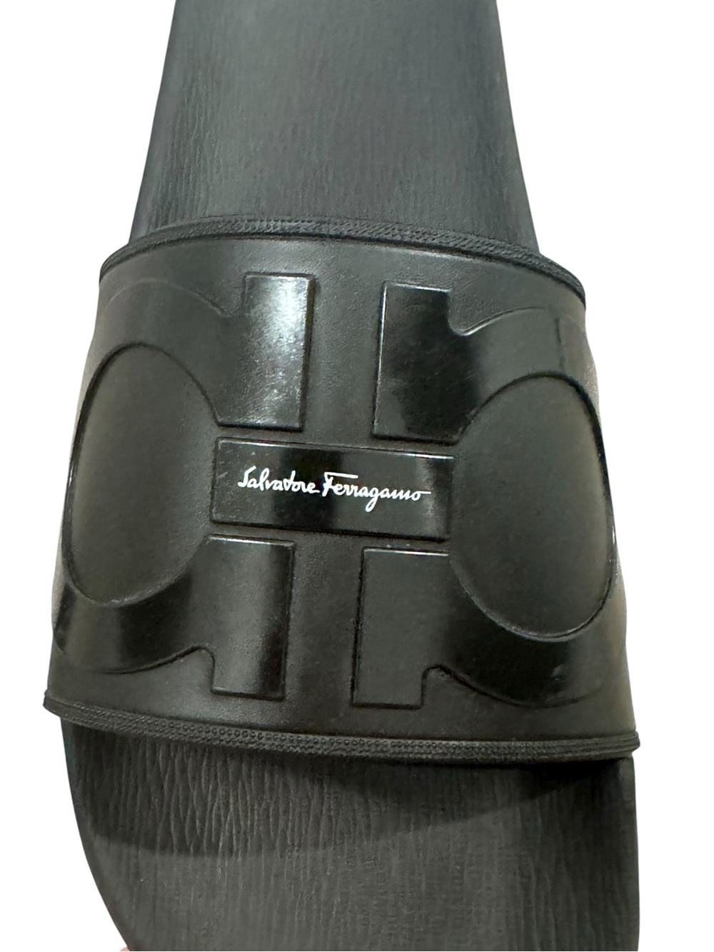 Salvatore Ferragamo Black Slide Sandals Mens Size 9 Groove 2 Rubber Gancini Logo - Picture 6 of 11